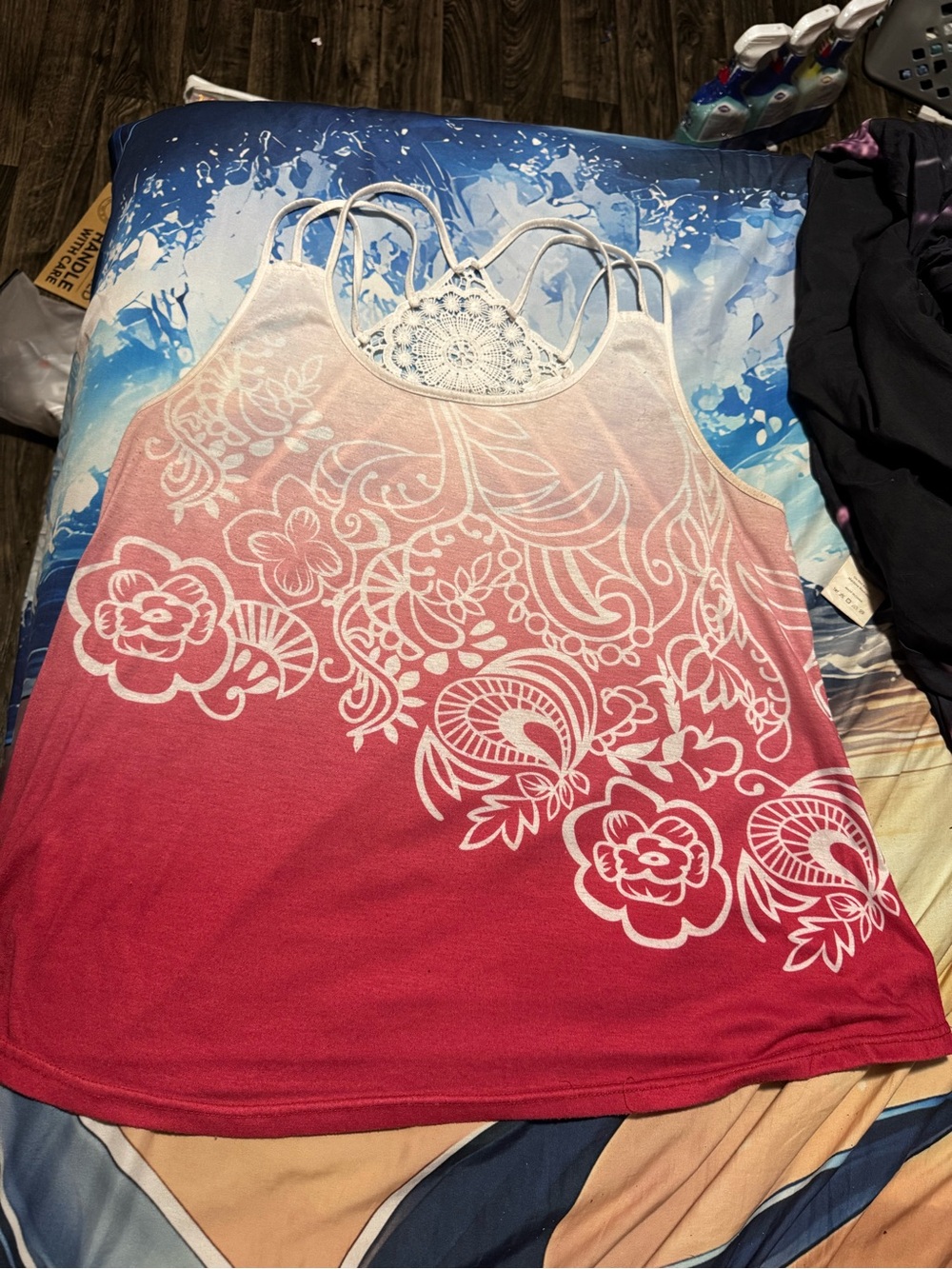 Crochet-Back Ombre Floral Tank Top - Pink